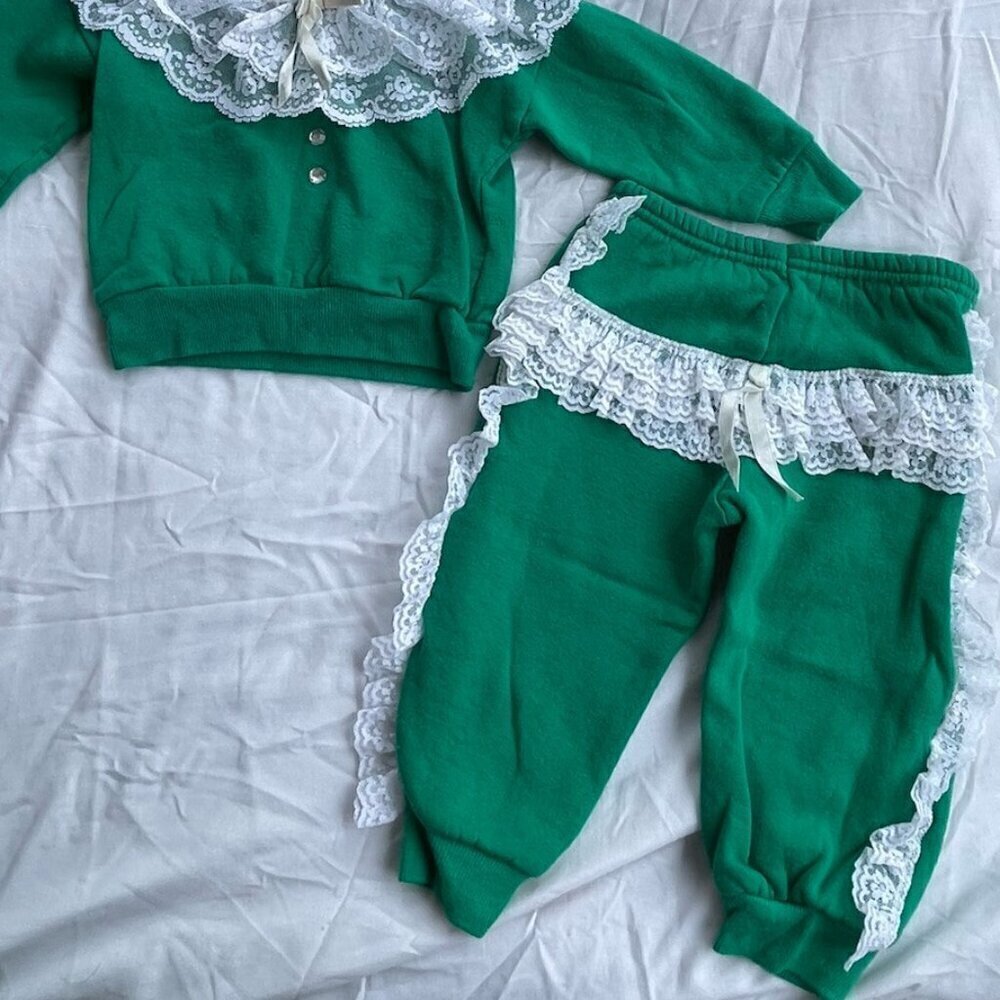 Vintage Girls 2-Piece Set Top Matching Pants Size 24 Months Green White Lace USA